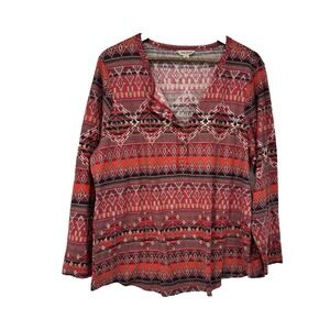 Lucky Brand Boho Aztec Tribal Print‎ Henley Tunic Top Long Sleeve Red Geometric